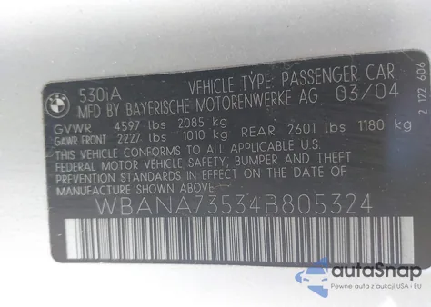 2004 BMW 530I из США, поврежденный, VIN WBANA73534B805324